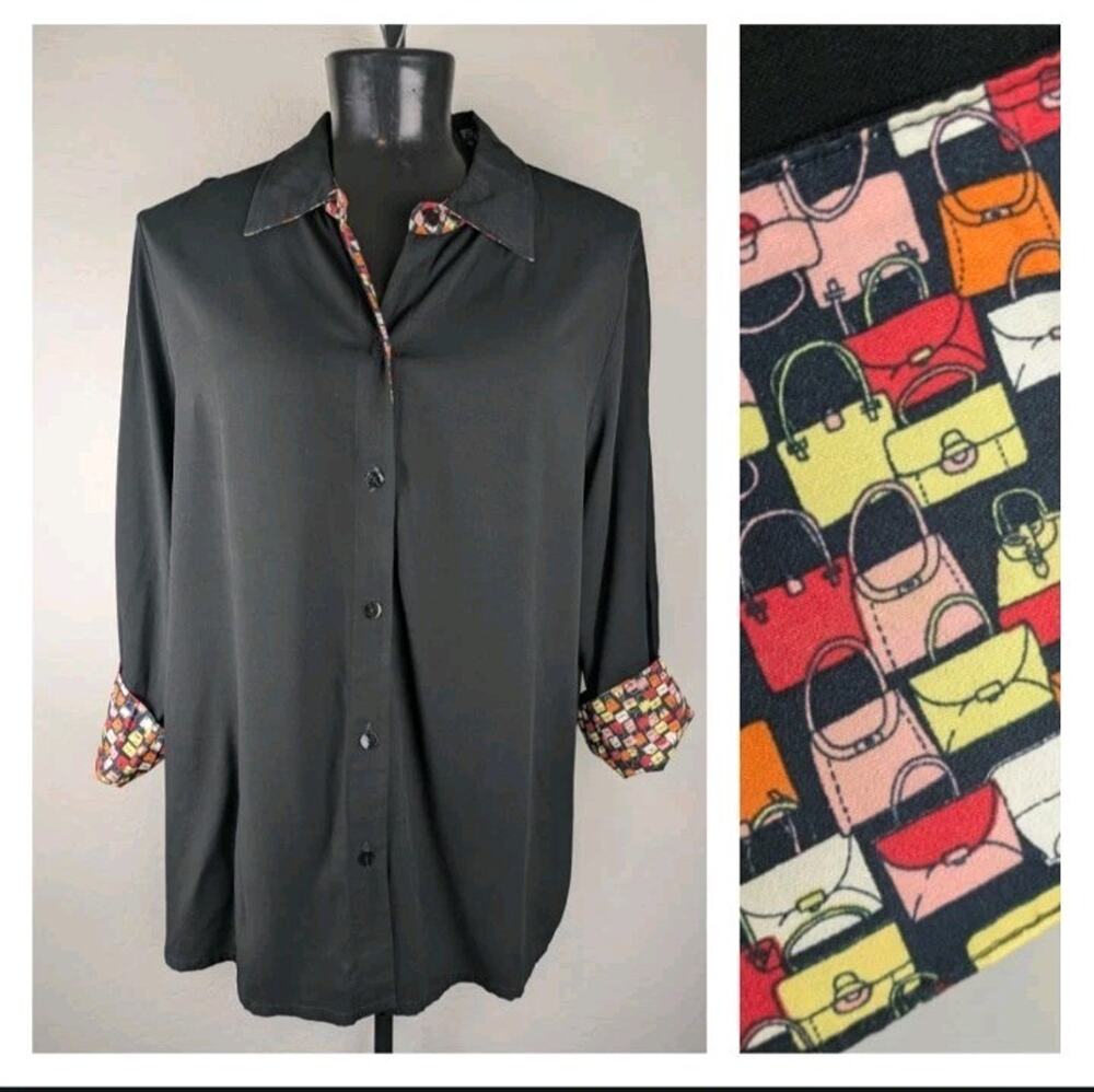 David Dart Sport black long sleeve button shirt handbag print cuffs collar